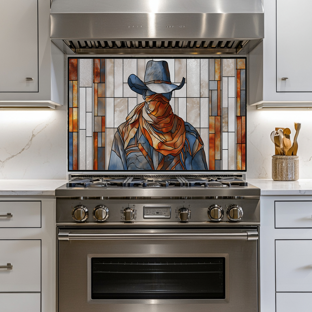 Stained Glass Style Western Cowboy Glass Backsplash Panel, UV Printed Tempered Kitchen Wall Art, Rustic Western Home Decor