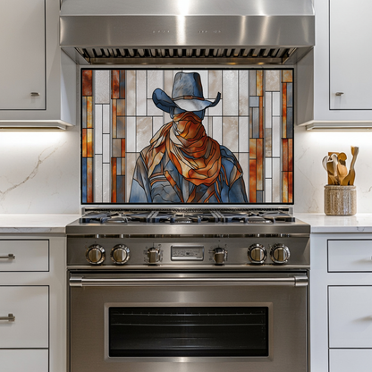 Stained Glass Style Western Cowboy Glass Backsplash Panel, UV Printed Tempered Kitchen Wall Art, Rustic Western Home Decor