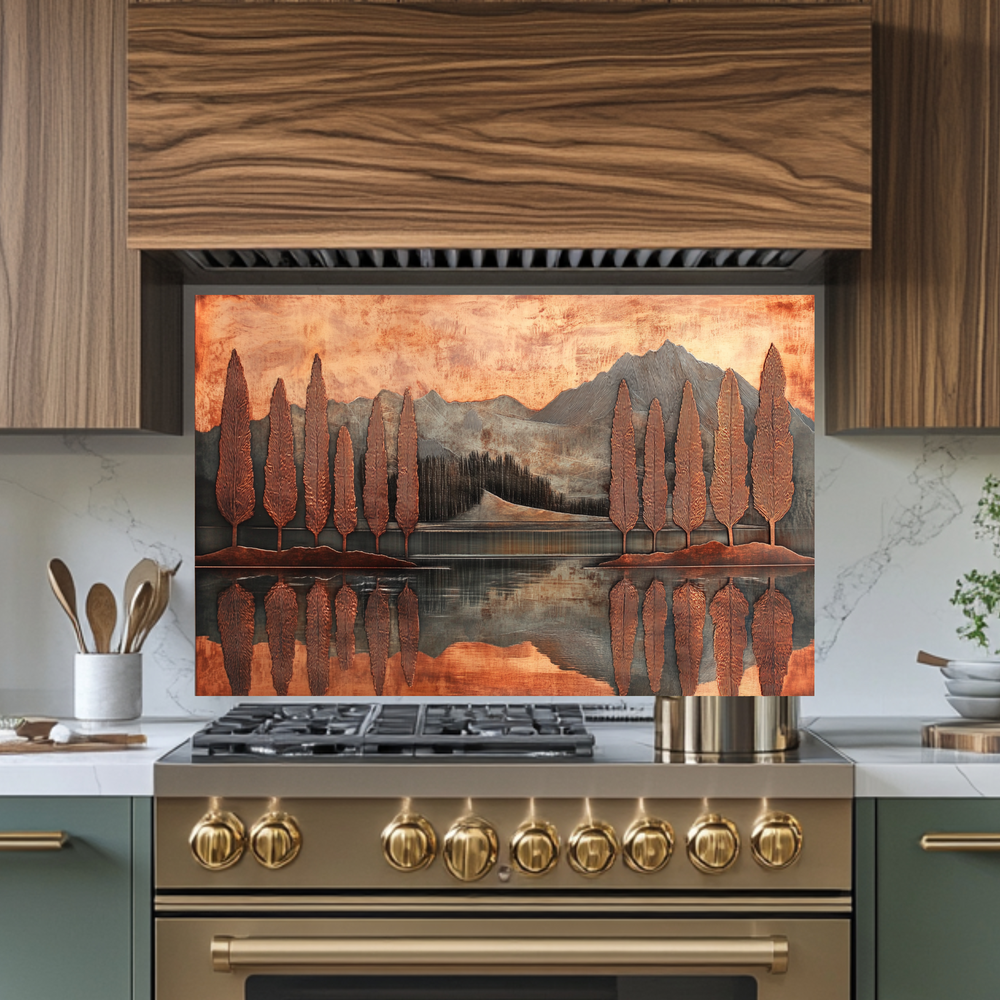 Copper Look Nature Landscape Glass Backsplash • Rustic Wall Art Panel • Mountain River Home Decor • Earthy Decorative Piece