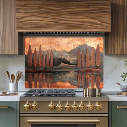 Copper Look Nature Landscape Glass Backsplash • Rustic Wall Art Panel • Mountain River Home Decor • Earthy Decorative Piece