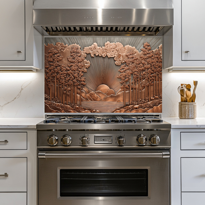 Copper Tone Sun Shine & Glass Tree Landscape Printed Tempered Glass Kitchen Backsplash Splashback or Wall Art Panel