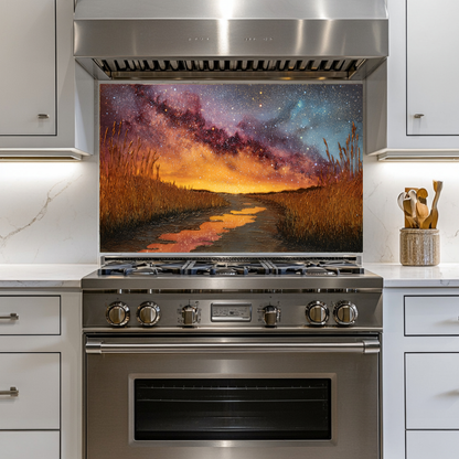 Starry Sky Nature Glass Backsplash • Night Landscape Kitchen Panel • Cosmic Forest Wall Art • Scenic Galaxy Design