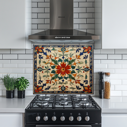 Red Ottoman Patterns One Piece Tempered Glass Kitchen Splashback For Stove Behind, Kitchen Backsplash, Kitchen Backsplash, Wall Art