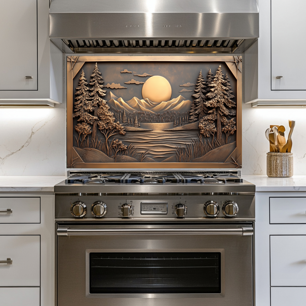 Copper Look Landscape Printed Tempered Glass Kitchen Splashback Backsplash Decorative Wall Art Panel for Modern Interiors