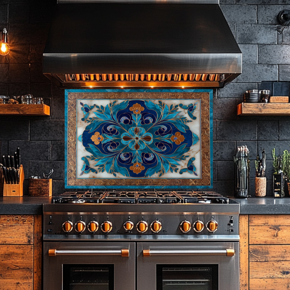 Blue Traditional Glass Backsplash Panel for Kitchen, Tempered Glass Wall Art, Classic Tile Pattern Decor