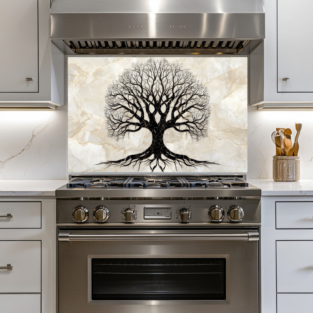 Marble Tree of Life Design Printed Tempered Glass Kitchen Backsplash Splashback Decorative Wall Art Panel for Modern Home Interiors