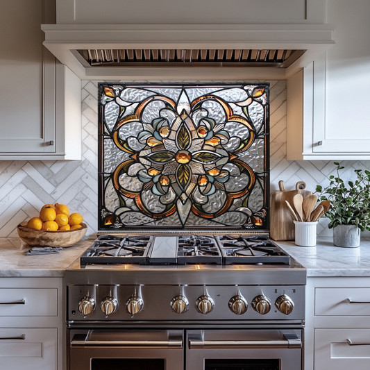 Stained Glass Look One Piece Tempered Glass Kitchen Splashback For Stove Behind, Kitchen Backsplash, Wall Art