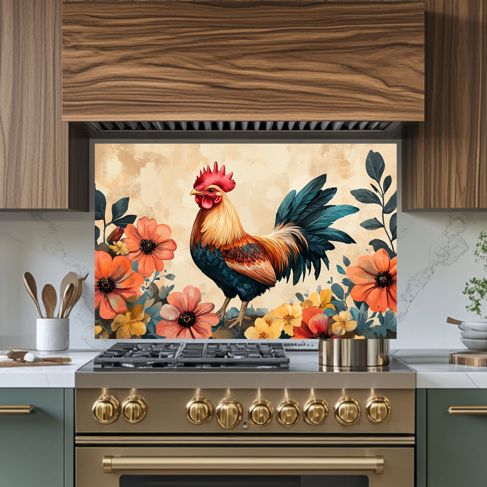 Rustic Colorful Rooster Glass Backsplash • Farmhouse Kitchen Panel • Vibrant Wall Art • Modern Home Decor • Decorative Kitchen Accent