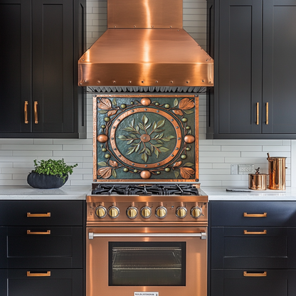 Copper Look Olive Leaves One Piece Tempered Glass Kitchen Splashback For Stove Behind, Kitchen Backsplash, Wall Art