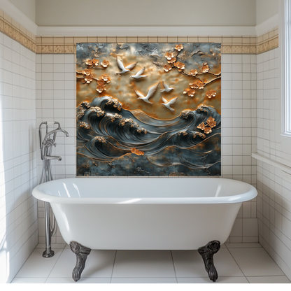 Waves and Pigeons Prints One Piece Tempered Glass Kitchen Splashback For Stove Behind, Kitchen Backsplash, Wall Art