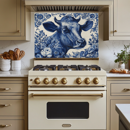 Delft Blue Cow Glass Backsplash Panel, Tempered Glass Wall Art, Dutch Farmhouse Kitchen Decor, Cow Pattern Tile, Rustic Animal Wall Panel