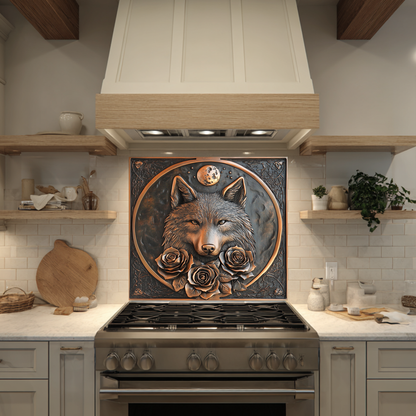Copper Look Wolf and Roses Glass Backsplash Panel, Tempered Glass Wall Art, Rustic Kitchen Decor, Floral Wolf Design, Modern Stove Protector