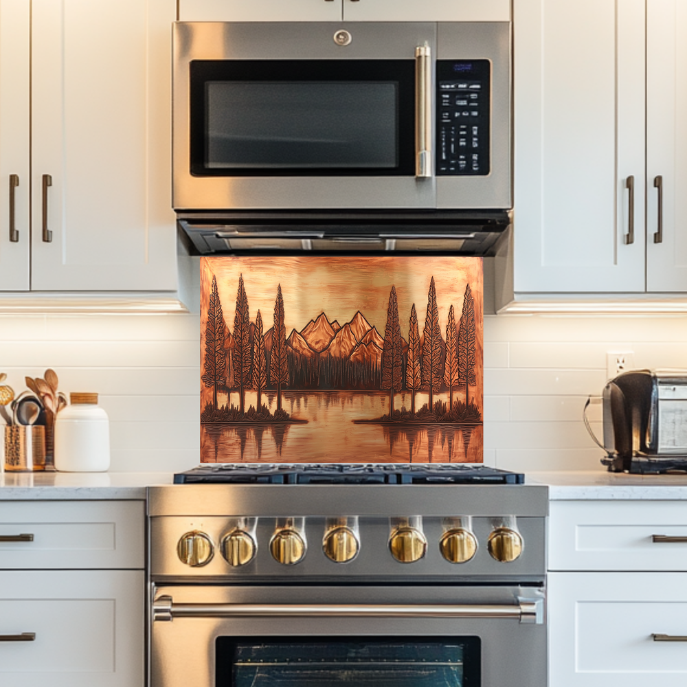 Copper Tone Mountain & Glass Tree Landscape Printed Tempered Glass Kitchen Backsplash Splashback or Wall Art Panel