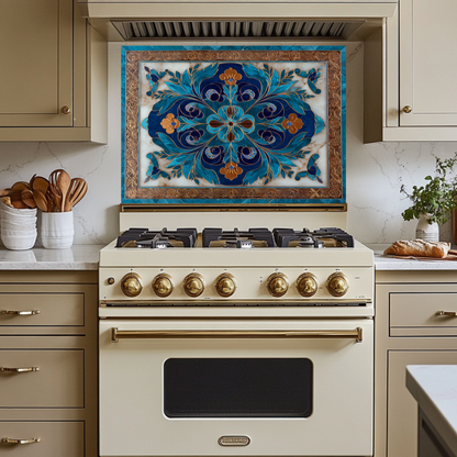 Blue Traditional Glass Backsplash Panel for Kitchen, Tempered Glass Wall Art, Classic Tile Pattern Decor