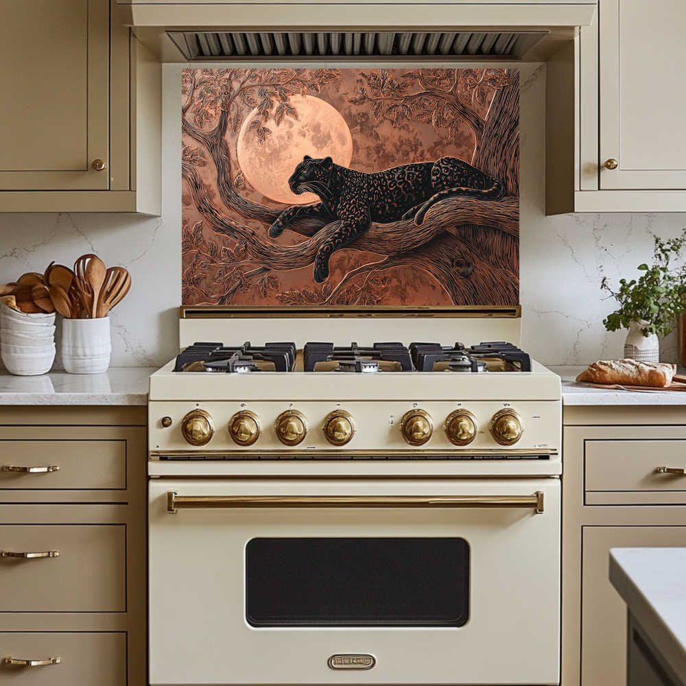 Copper Leopard Nature Glass Backsplash Panel, Tempered Glass Wall Art, Wild Jungle Rustic Kitchen Decor, Animal Print Stove Protector