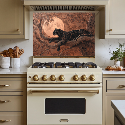 Copper Leopard Nature Glass Backsplash Panel, Tempered Glass Wall Art, Wild Jungle Rustic Kitchen Decor, Animal Print Stove Protector