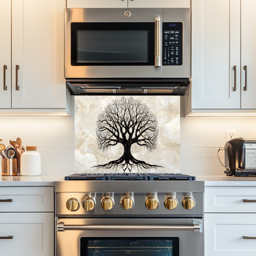 Marble Tree of Life Design Printed Tempered Glass Kitchen Backsplash Splashback Decorative Wall Art Panel for Modern Home Interiors