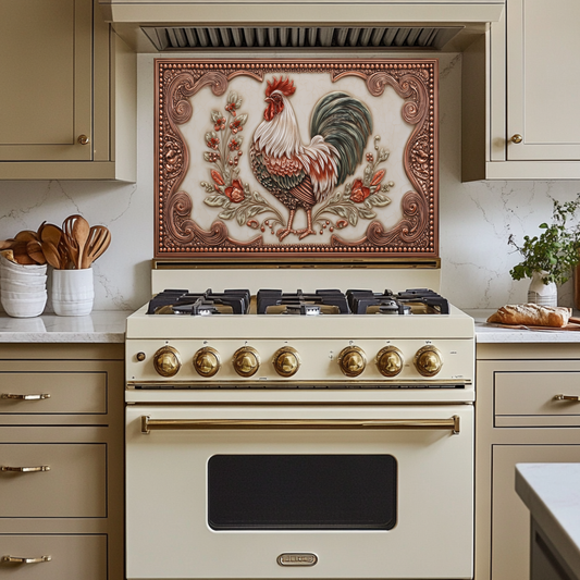 Copper Embossed Mediterranean Rooster Glass Backsplash • Rustic Kitchen Panel • Artistic Farmhouse Tile Design • Traditional Wall Piece