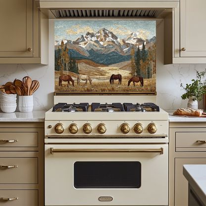 Nature and Horses Mosaic Glass Backsplash • Rustic Kitchen Panel • Artistic Equestrian Wall Art • Scenic Animal Design