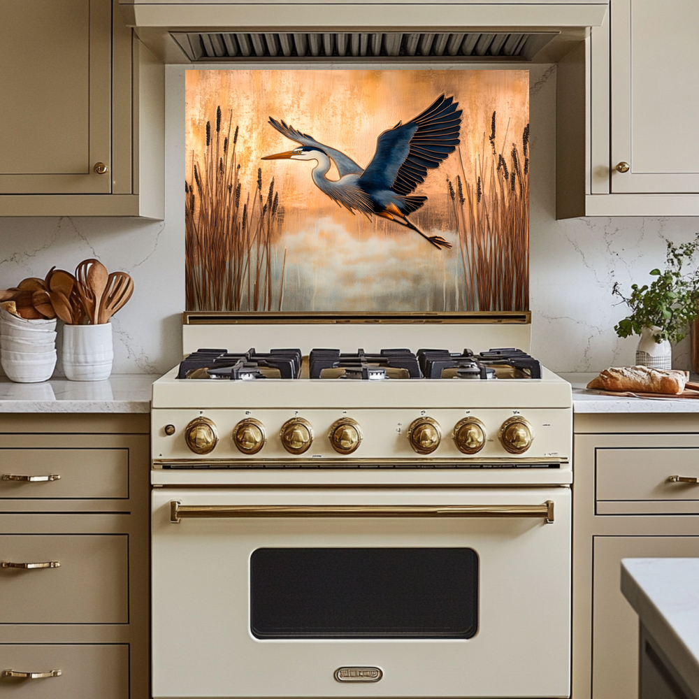 Copper Blue Heron Glass Backsplash Panel, Nature Inspired Kitchen Wall Art, Bird Theme Decorative Glass Tile, Rustic Coastal Home Decor