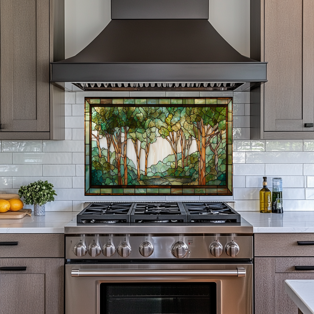Stained Glass Look Forest Backsplash, Woodland Tree Scene Printed on Tempered Glass, Nature Inspired Kitchen Wall Art Panel