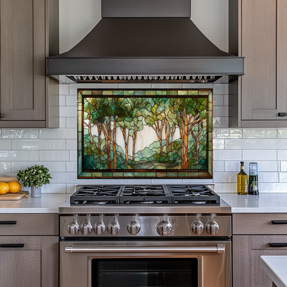 Stained Glass Look Forest Backsplash, Woodland Tree Scene Printed on Tempered Glass, Nature Inspired Kitchen Wall Art Panel