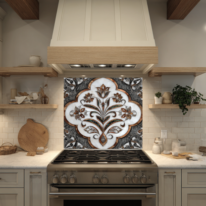 Ottoman Pattern on Marble Print Background Glass Backsplash for Kitchen Stove, Custom Wall Art, Heat-Resistant Kitchen Decor