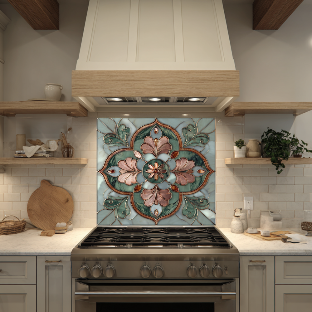 Green Glass Backsplash, Ottoman Tile Look Tempered Glass Kitchen Splashback For Stove Behind, Copper Look Backsplash, Oven Backsplashes