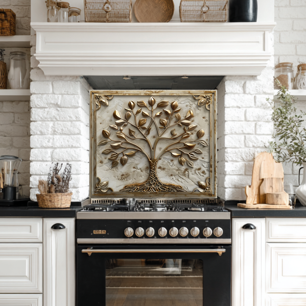 Stone Background Look Golden Tree of Life One Piece Tempered Glass Kitchen Splashback For Stove Behind, Kitchen Backsplash, Kitchen Backsplash, Wall Art