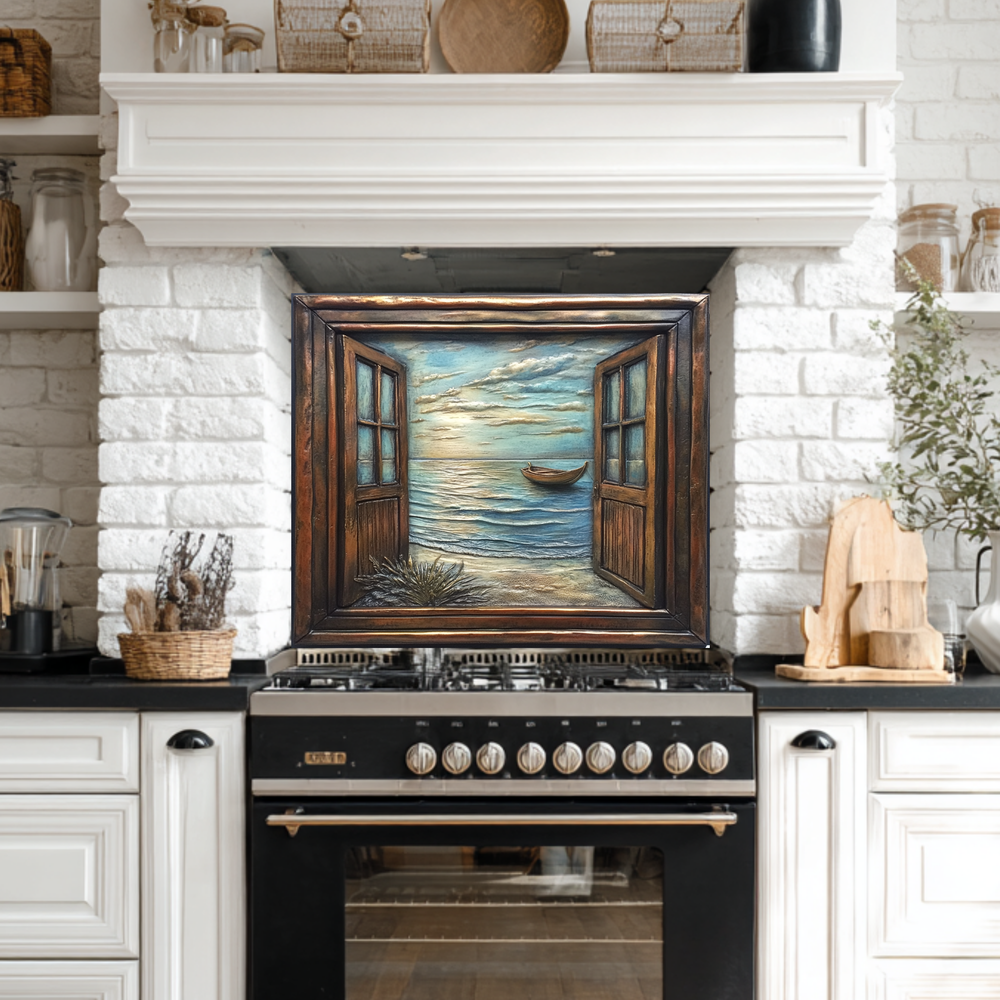 Wooden Window Prints One Piece Tempered Glass Kitchen Splashback For Stove Behind, Kitchen Backsplash, Wall Art