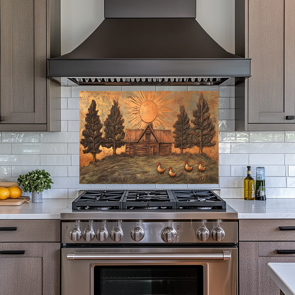 Copper Look Nature and Roosters Landscape Glass Backsplash • Rustic Wall Art Panel • Peaceful Home Decor • Decorative Tile for Stove Behind