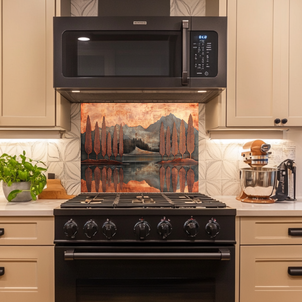 Copper Look Nature Landscape Glass Backsplash • Rustic Wall Art Panel • Mountain River Home Decor • Earthy Decorative Piece