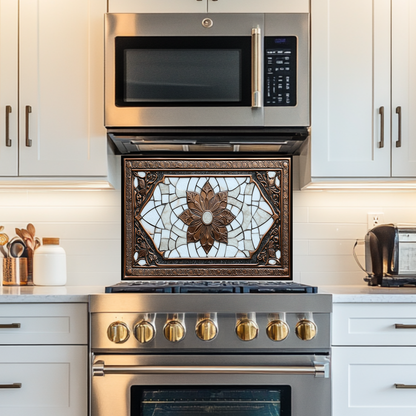 Copper Ottoman Tile Pattern Printed Tempered Glass Kitchen Splashback Backsplash Decorative Wall Panel for Stove Behind and Interior Decor