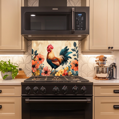 Rustic Colorful Rooster Glass Backsplash • Farmhouse Kitchen Panel • Vibrant Wall Art • Modern Home Decor • Decorative Kitchen Accent