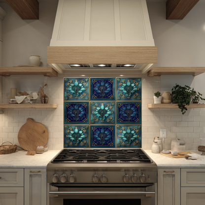 Glass Backsplash, Pattern Tile Look One Piece Tempered Glass Kitchen Splashback For Stove Behind, Blue Tile Backsplash, Kitchen Backsplash