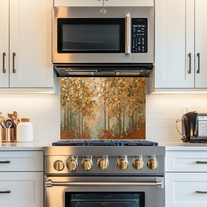 Forest Nature Artwork in Copper Tones Printed Tempered Glass Kitchen Splashback Backsplash Wall Panel for Modern Rustic Decor
