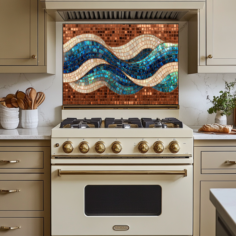 Mosaic Copper Ocean Wave Glass Backsplash • Coastal Wall Art Panel • Artistic Blue Water Kitchen Decor • Textured Nautical Design