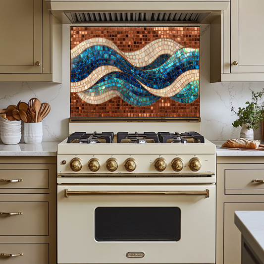 Mosaic Copper Ocean Wave Glass Backsplash • Coastal Wall Art Panel • Artistic Blue Water Kitchen Decor • Textured Nautical Design