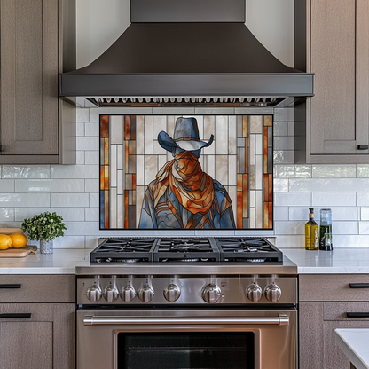 Stained Glass Style Western Cowboy Glass Backsplash Panel, UV Printed Tempered Kitchen Wall Art, Rustic Western Home Decor