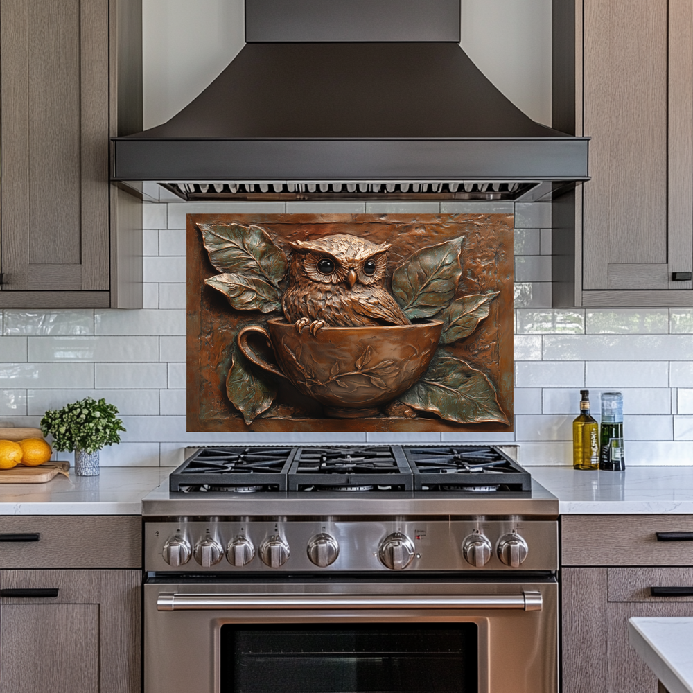 Rustic Owl Copper Look Glass Backsplash Panel, Embossed Style Owl Print on Tempered Glass Wall Art, Artistic Kitchen Splashback