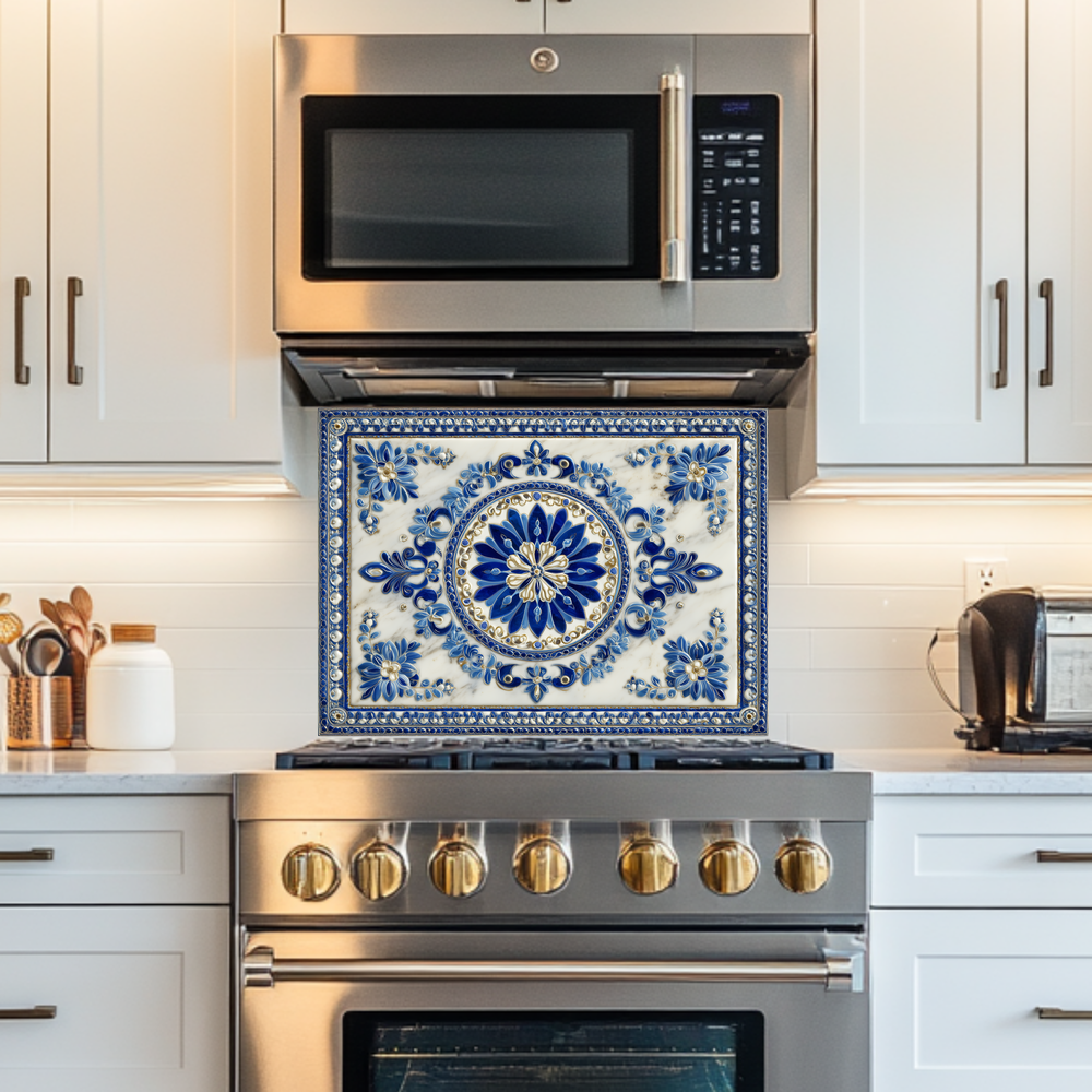 Turkish Tile Pattern Glass Backsplash Panel, Tempered Glass Wall Art, Traditional Anatolian Design, Elegant Kitchen Decor, Stove Protector