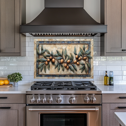 Copper Look Olive Branches One Piece Tempered Glass Kitchen Splashback For Stove Behind, Kitchen Backsplash, Wall Art
