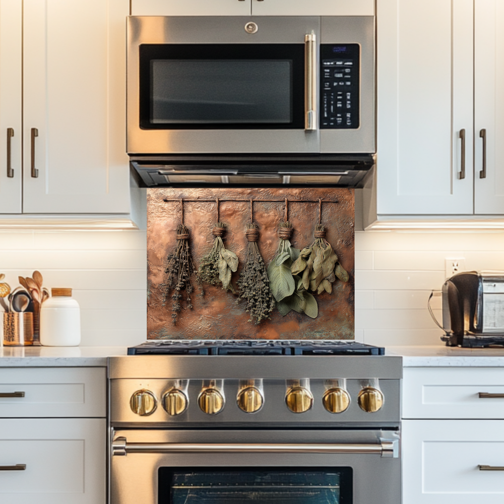 Dried Herbs and Spices Hanging Design Printed Tempered Glass Kitchen Backsplash Splashback Decorative Wall Panel, Modern Rustic Home Decor