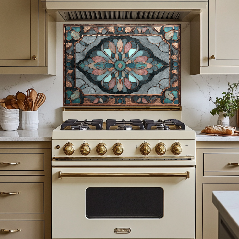 Ottoman Pattern on Marble Print Background Glass Backsplash for Kitchen Stove, Custom Wall Art, Heat-Resistant Kitchen Decor