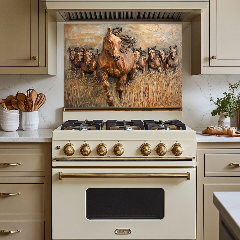 Glass Backsplash with Copper Horses, Tempered Wall Art Panel, Horse Kitchen Decor, Rustic Animal Tile