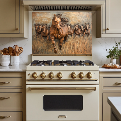 Glass Backsplash with Copper Horses, Tempered Wall Art Panel, Horse Kitchen Decor, Rustic Animal Tile