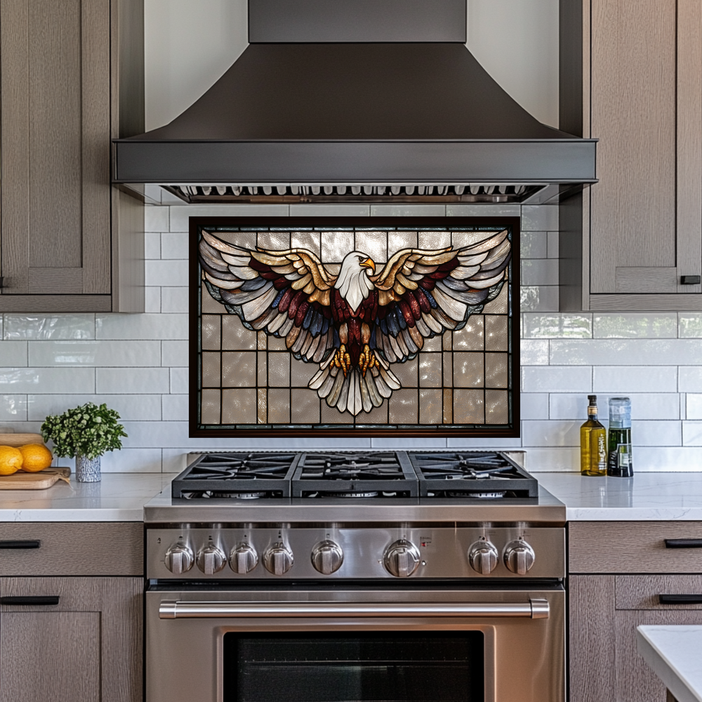 Stained Glass Style Eagle Glass Backsplash Panel, UV Printed Tempered Kitchen Wall Art, Nature Inspired Theme Decorative Glass Tile