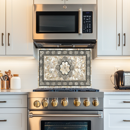 Ottoman Pattern on Marble Print Background Glass Backsplash for Kitchen Stove, Custom Wall Art, Heat-Resistant Kitchen Decor