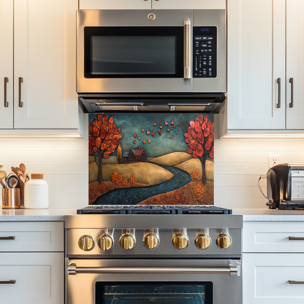 Romantic House Landscape with Hearts Printed Tempered Glass Kitchen Backsplash Splashback or Wall Art Panel for Cozy Home Decor
