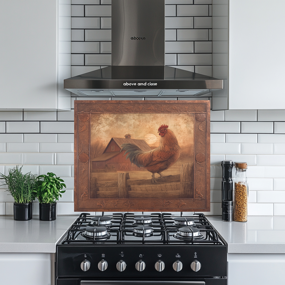 Copper Embossed Look Mediterranean Rooster Glass Backsplash • Rustic Kitchen Panel • Artistic Farmhouse Tile Design • Traditional Wall Piece